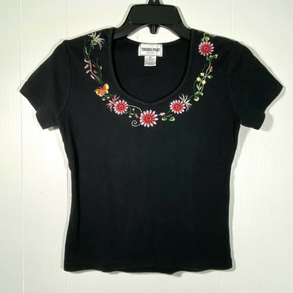 Turning Point Black SP Top Blouse Womens Petites Short Sleeve V Neck Embroidered